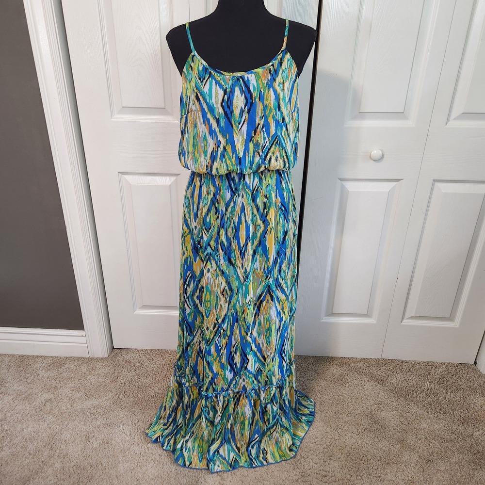 Emma & Michele‎ Green Blue Abstract Ikat Print Maxi Dress Size 6 NWT